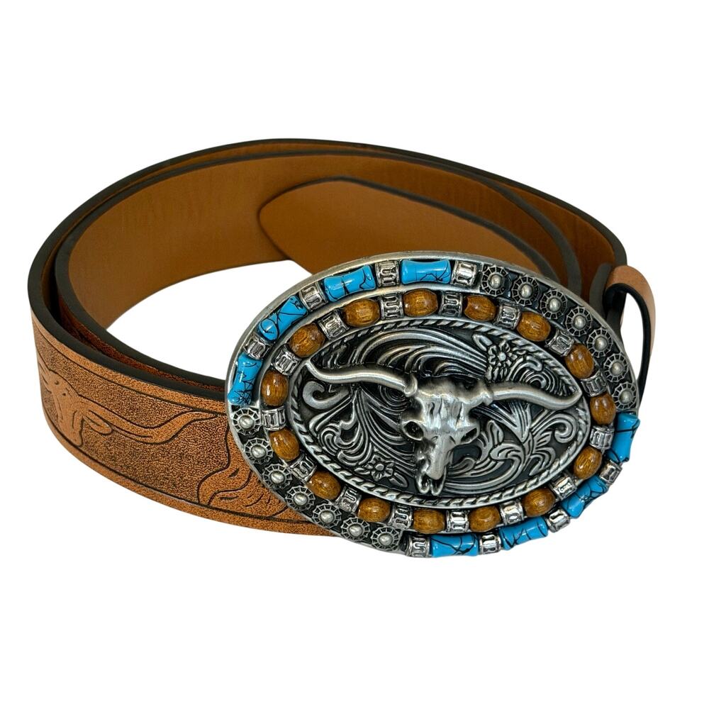 Western Longhorn Skull Belt 36" Brown Leather Turquoise Beaded Buckle Cowgirl
